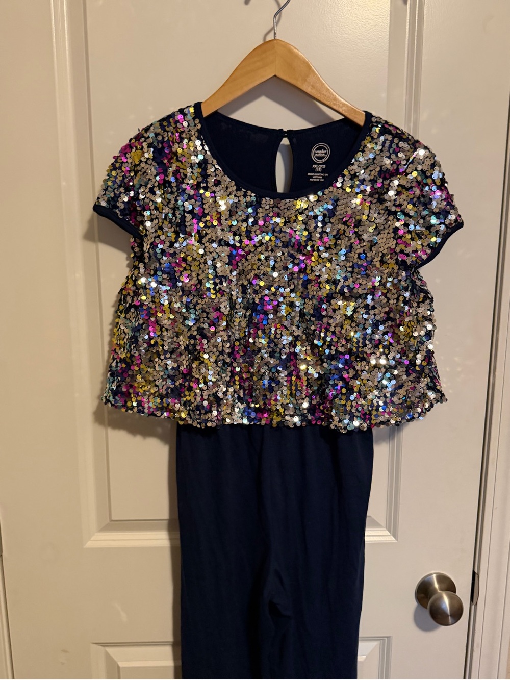 wonder nation Navy Jumpsuit with Multicolor Sequin Crop Top